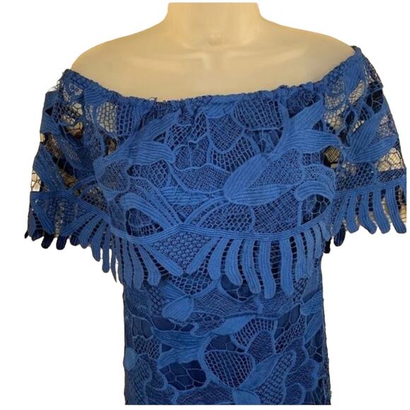 Celavie Special Occasion Lace Midi Dress SZ M Blue Crocheted Floral Boho Elegant - Picture 6 of 8